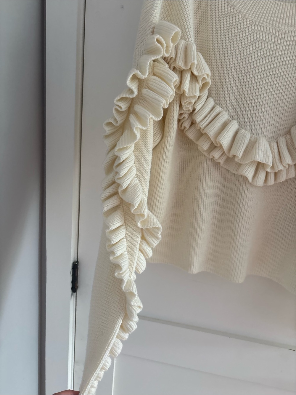 FRAME Ruffle Yoke Ribbed Sweater Off White size M - Picture 12 of 14